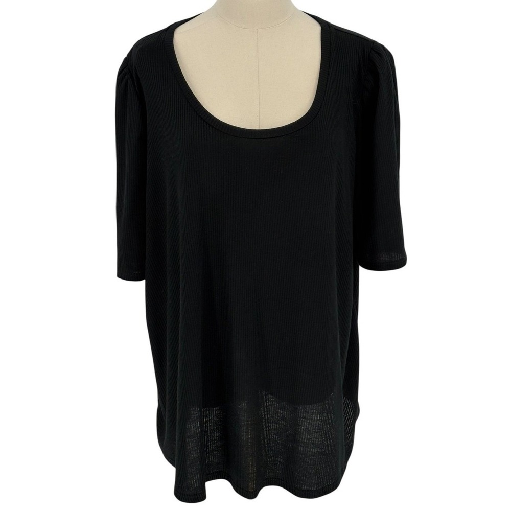 Ava & Viv Short Sleeve‎ Top Black Ribbed Puff Shoulder Scoop Neck 2X